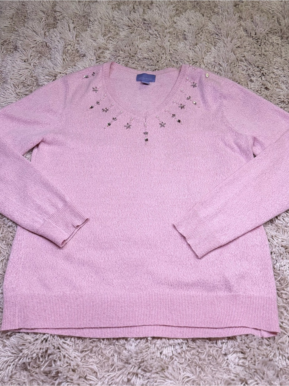 Laura Scott Pink Beaded Scoop Neck Sweater